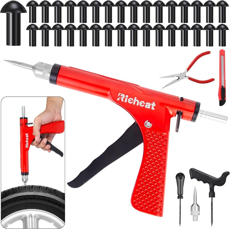 Richcat Tubeless Tire Puncture Repair Kit with Mushroom Plug, Repairs punctures and Flat Tires for Motorcycles, Cars, Trucks, ATVs,Gun Puncture Repair Kit - Image 1